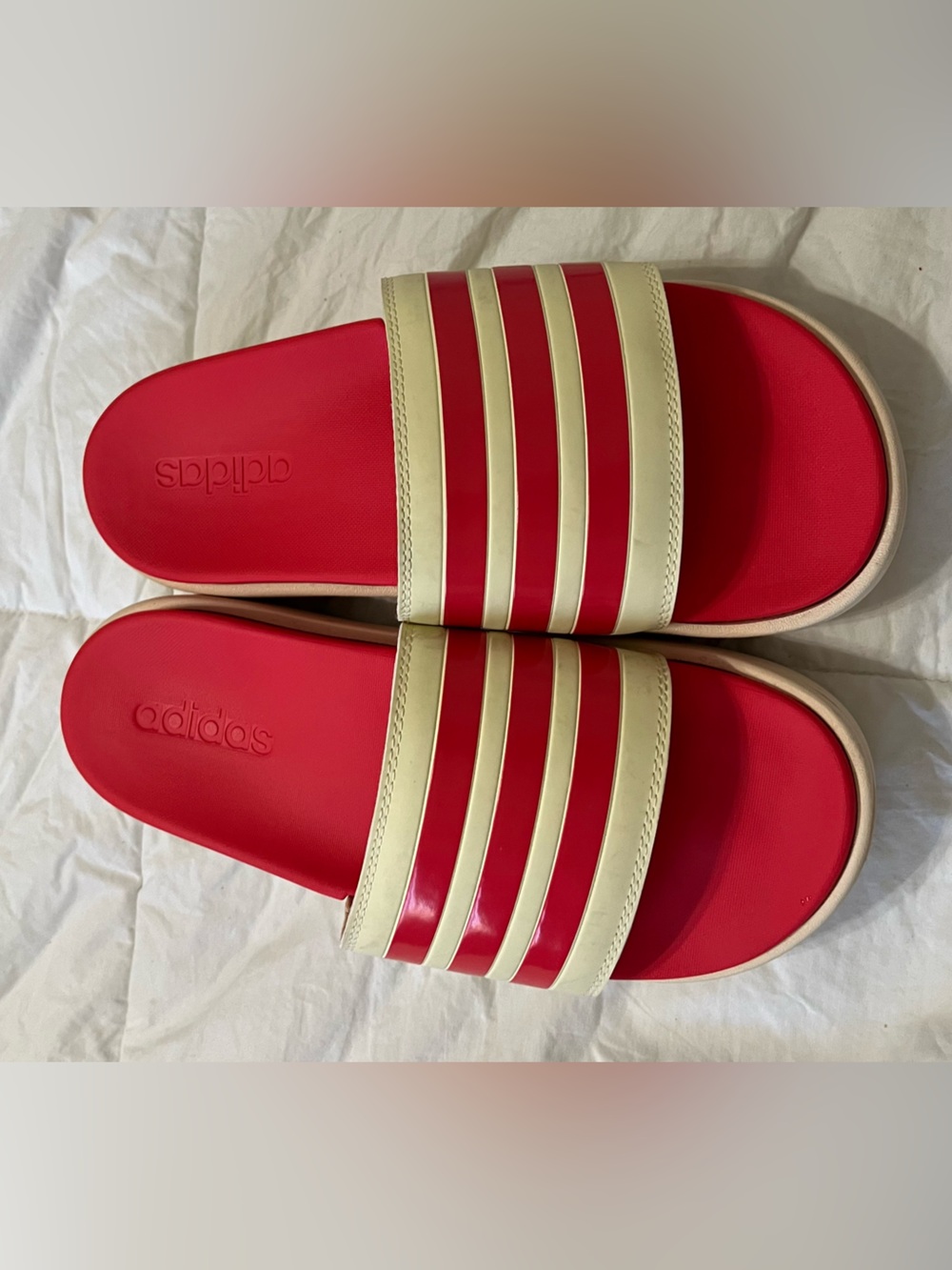 adidas Red and Cream Slide Sandals with Stripes
